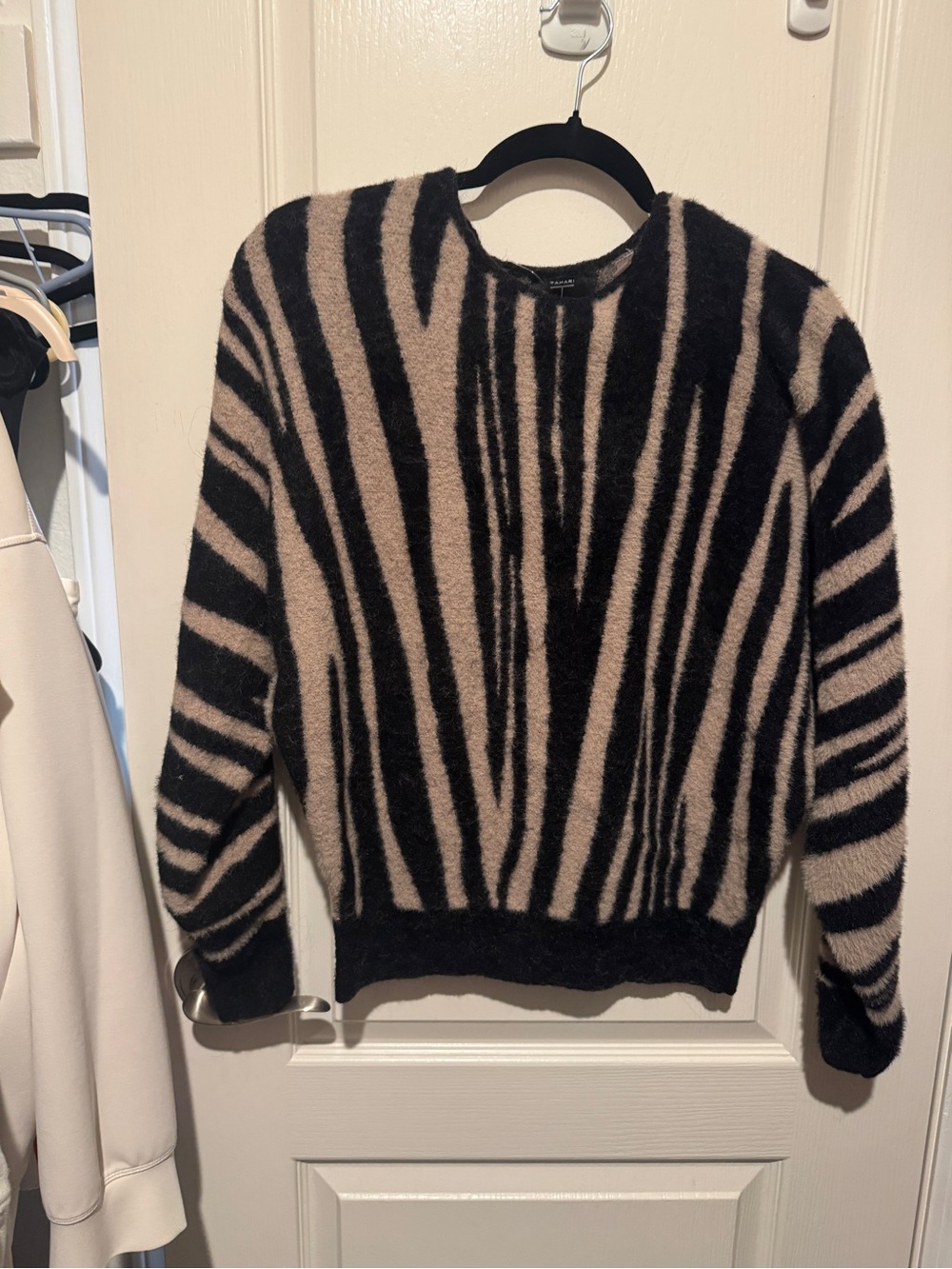 Tahari Black and Beige Fuzzy Zebra-Print Crewneck Sweater